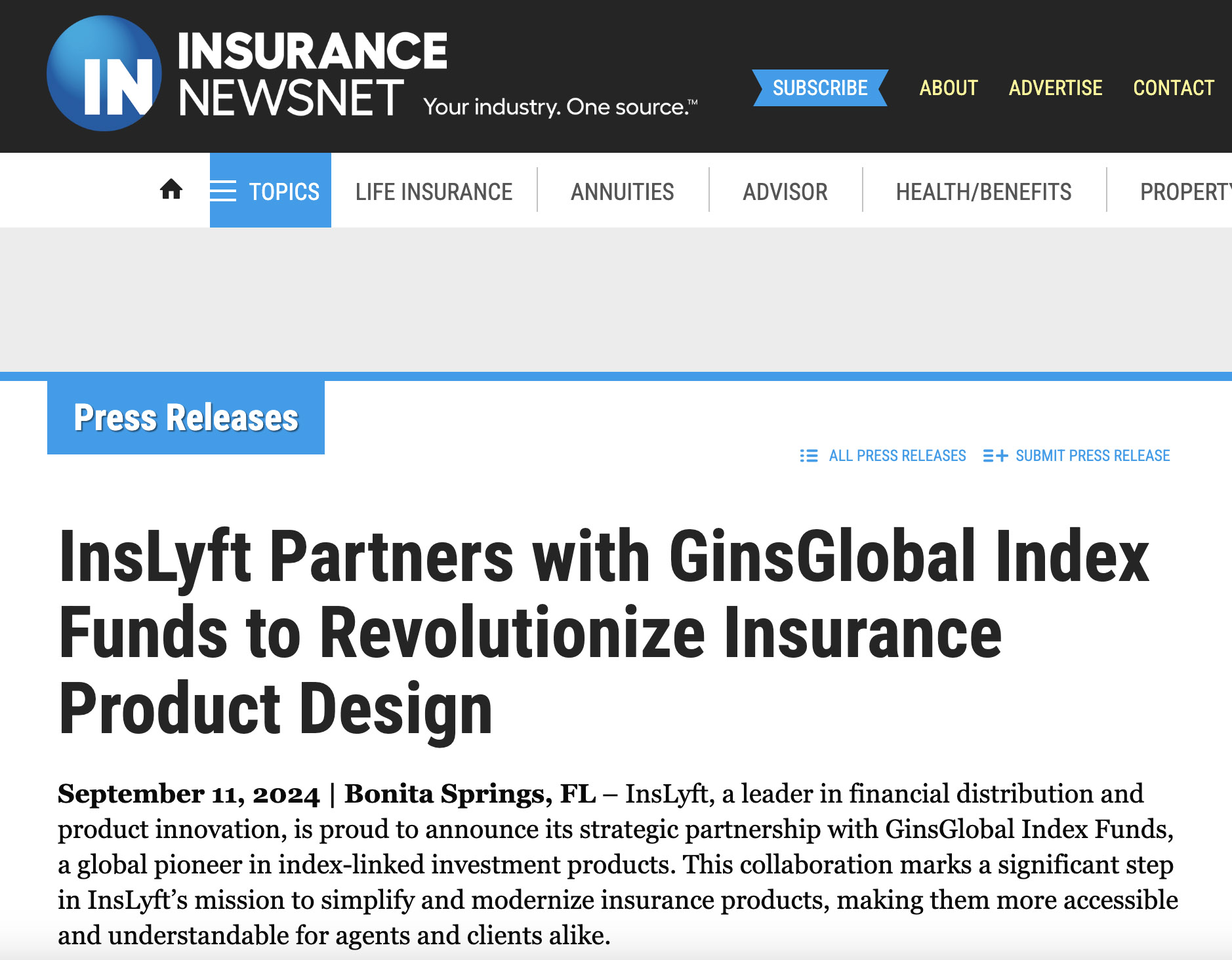 InsLyft Partners with GinsGlobal Index Funds to Revolutionize Insurance Product Design Image of online press release that reads "InsLyft Partners with GinsGlobal Index Funds to Revolutionize Insurance Product Design"