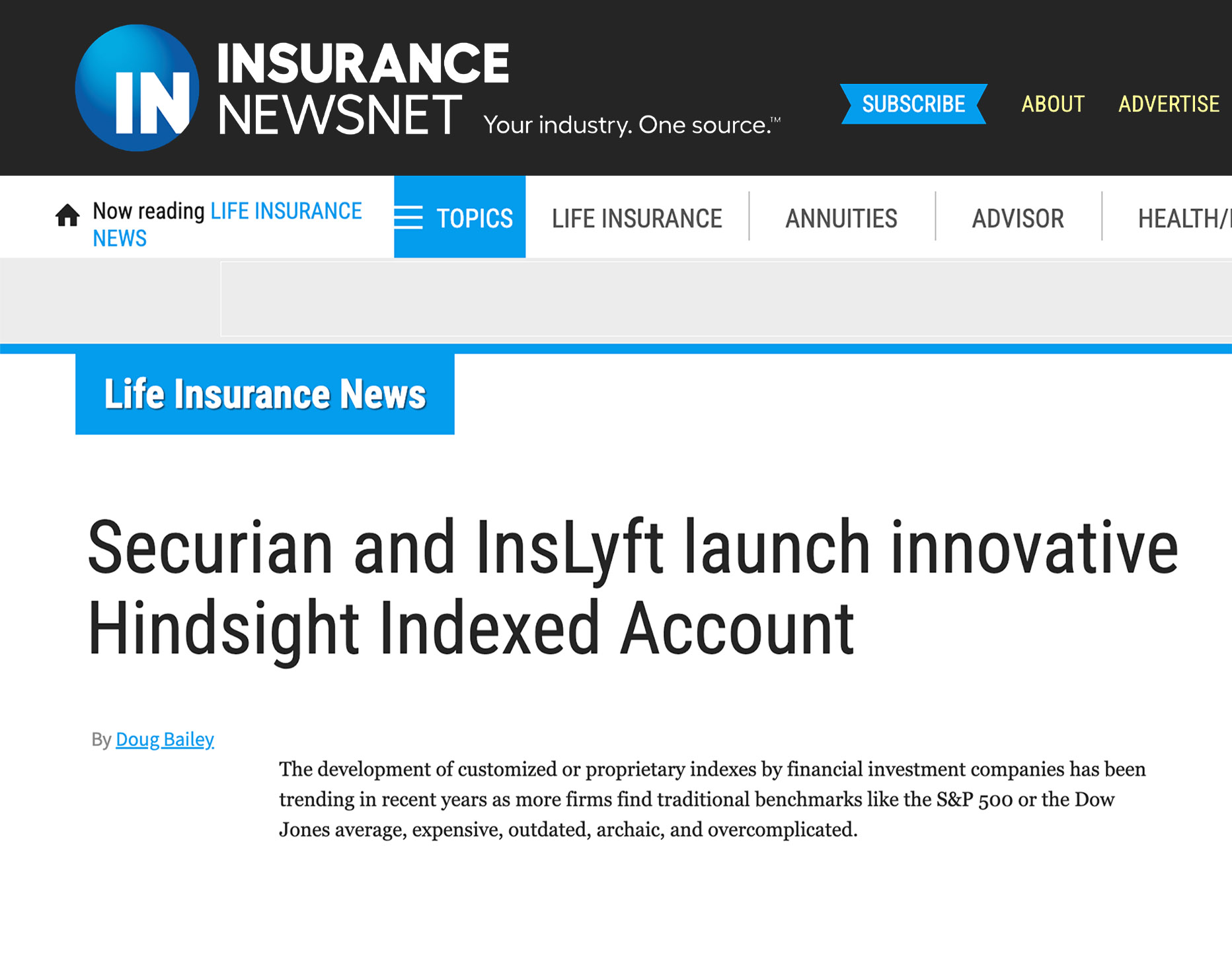 insurance-newsnet-securian Image of online press release that reads "InsLyft to Acquire Wells Advantage Group of Farmington Hills, Michigan, Member of Advantage Insurance Network"